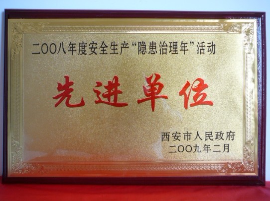 2009年2月，，，，，被西安市人民政府评为2008年度清静生产“隐患治理年”运动先进单位